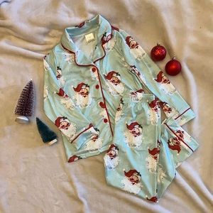 Blue Santa Kids Christmas Pajamas with Red Trim